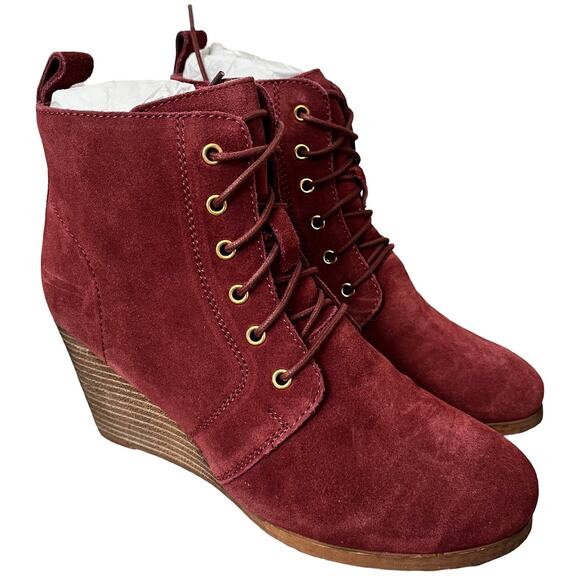 Diba Womens Blake Leather Suede Lace Up Wedge Booties Size 8.5 Burgandy Red NWOB - Picture 4 of 12